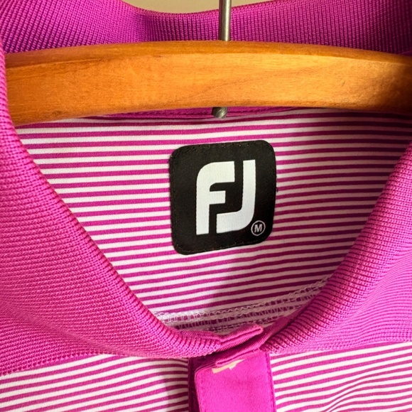 FJ Golf Polo Men's Large Pink White strips lightweight Golf shirt polyester - Picture 3 of 8